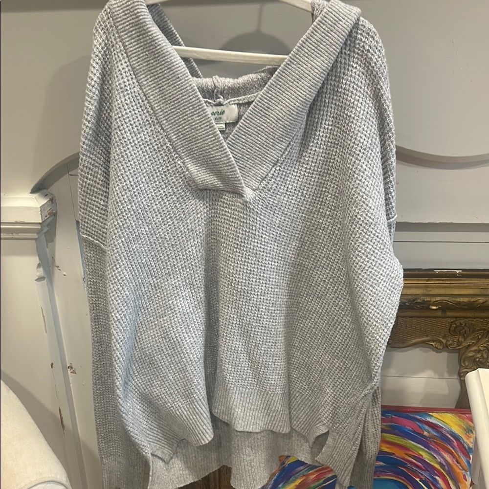 Gray Knit Sweater with Hood